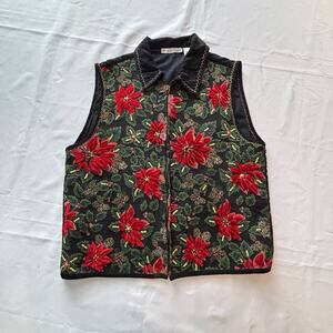 Dress Barn Poinsettia Christmas Vest Women’s Size Large Red Black Zip